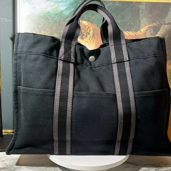 HERMES Fourre Tout MM Tote Bag Handbag Canvas Black and Gray. MOMMA NOT THE BABY - Picture 1 of 16